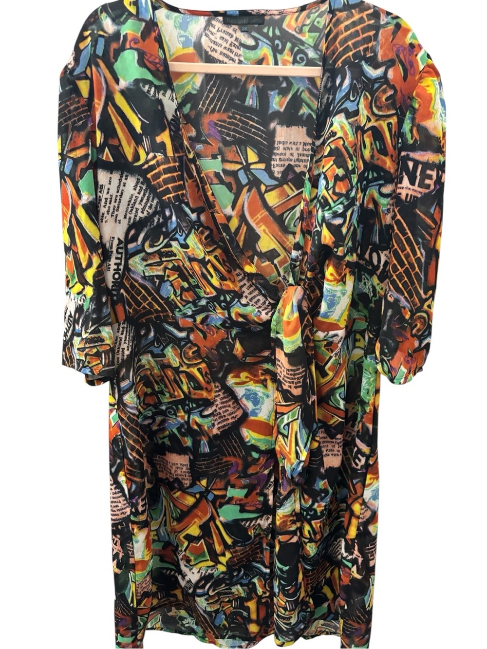 Graphic Multicolor Midi Kimono Wrap — Black Base